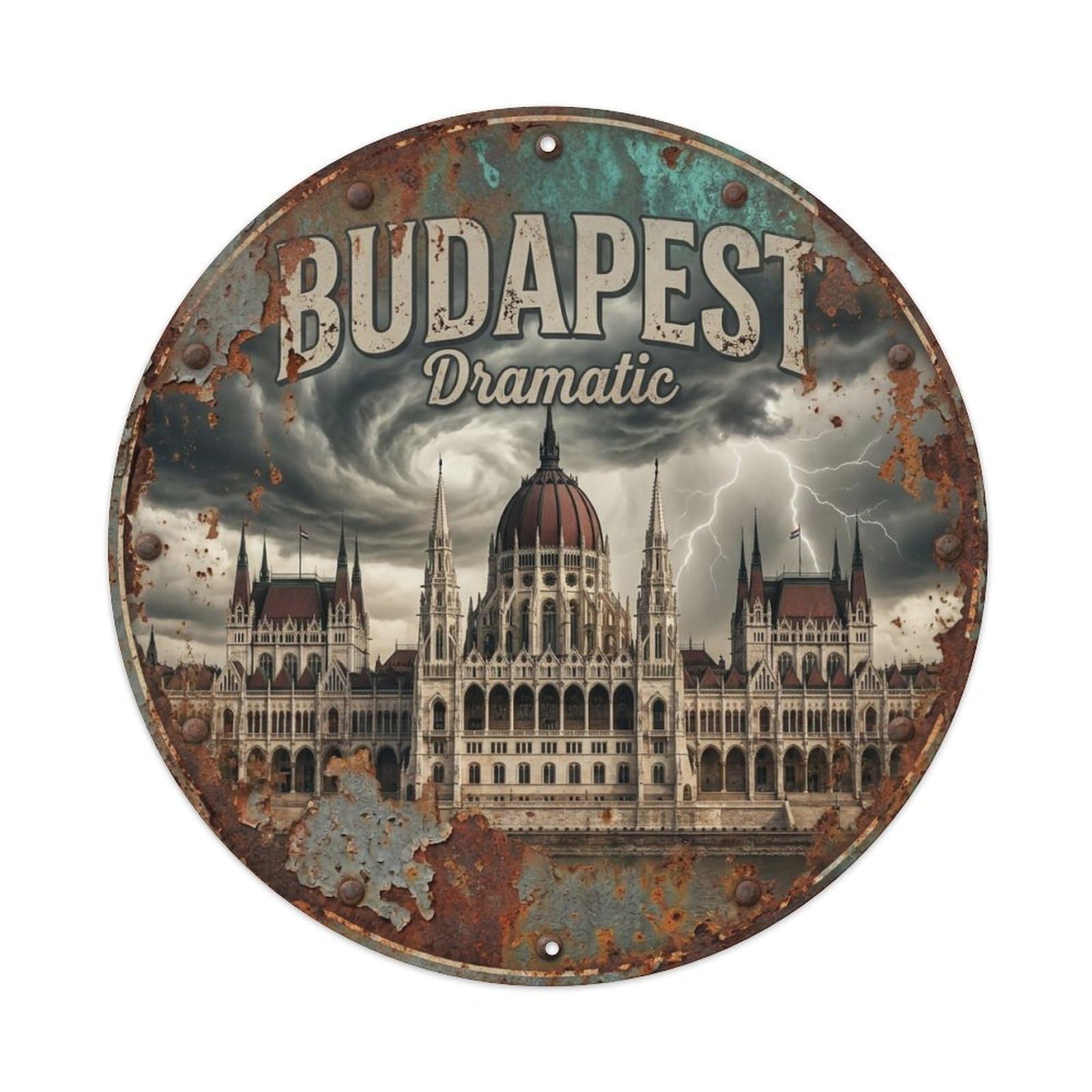 Vintage Travel Budapest Hungary Dramatic Metal Tin Sign