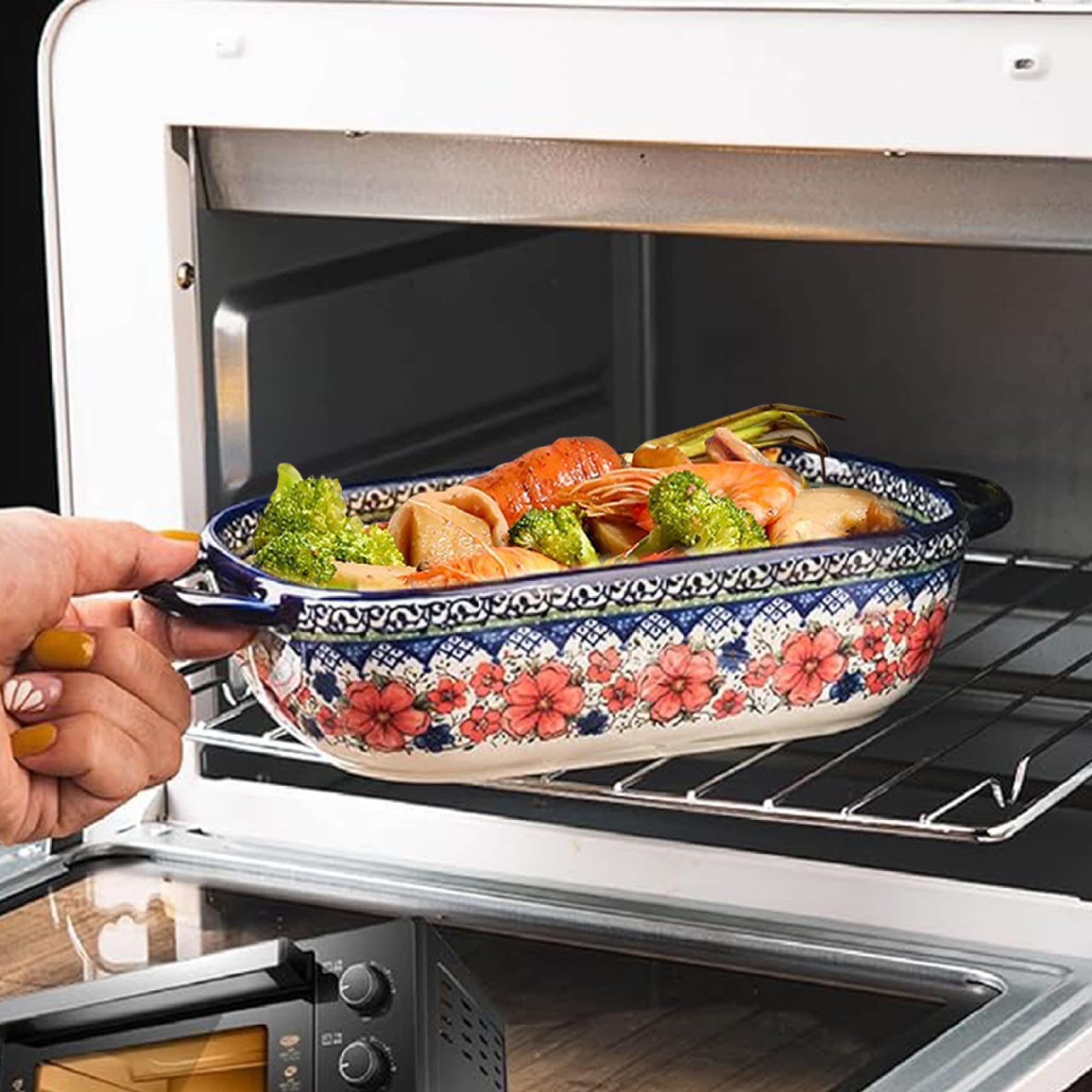 Plat de cuisson en céramique de 2 litres, plat à lasagnes rectangulaire de 33,2 x 19,1 cm, avec poignées, 7,1 cm de profondeur pour cuisine, four, dîner et banquet