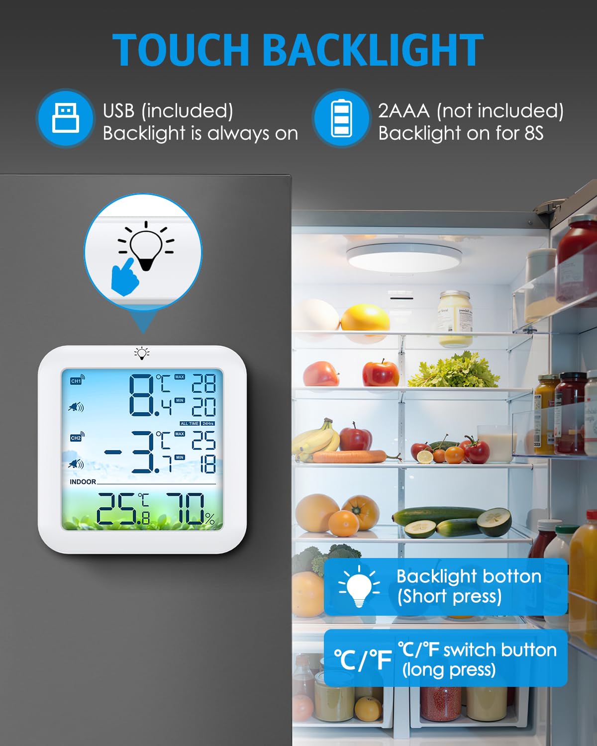 The Brifit main display unit mounted on a refrigerator door, showing the backlight button and the Celsius/Fahrenheit switch button. The screen displays indoor temperature and humidity, along with two channel temperatures. The refrigerator interior is visible.