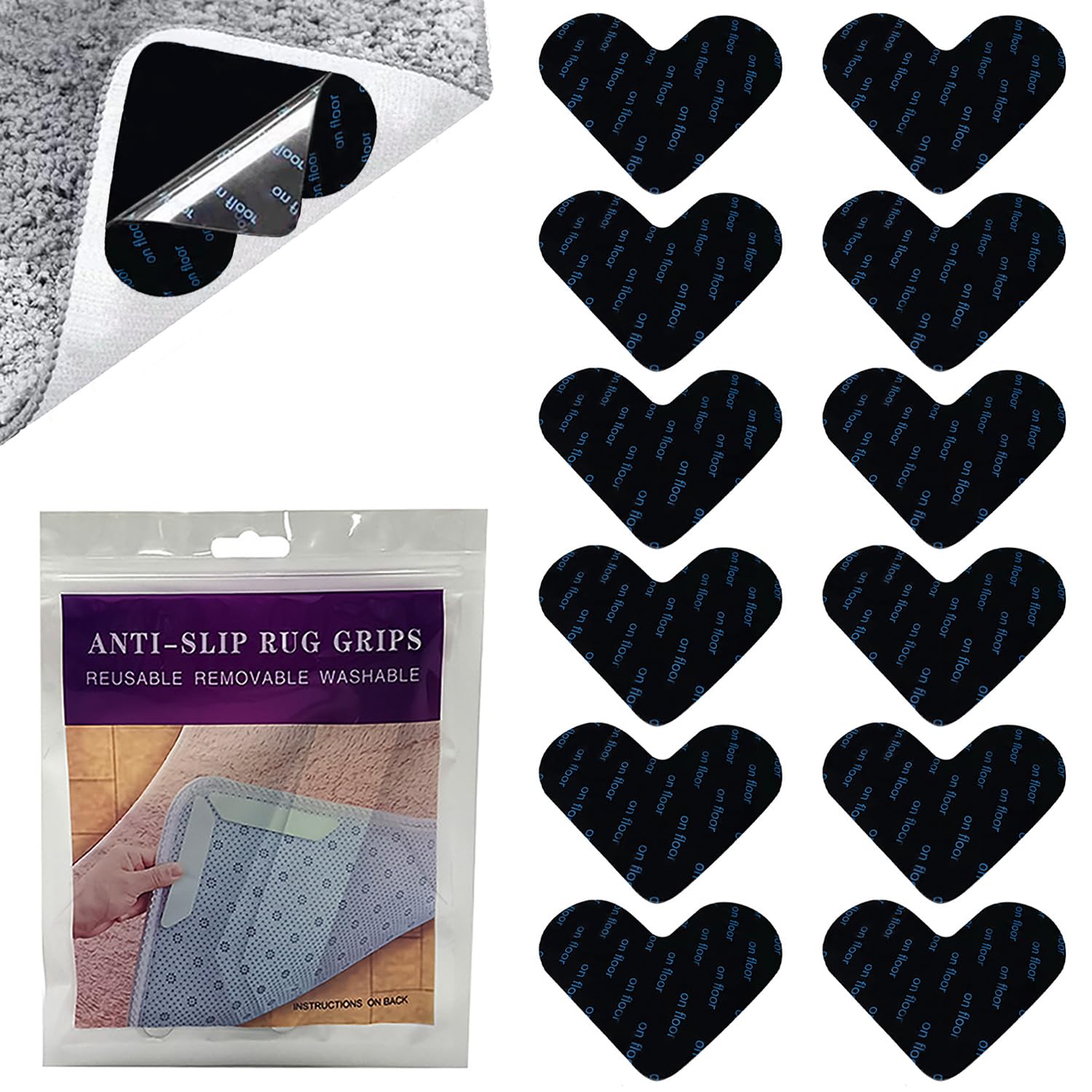 Kryzulax Black 12Pcs Non-Slip Mats For Carpet,Rug Gripper,Reusable & Anti-Slip Grippers,Carpet Stopper,For Marble, Wooden Floors & For All Types & Sizes Of Rugs(Black)