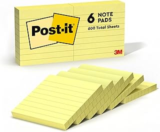Post-it Notes, 3 in x 3 in, 6 Lined Sticky Notes Pads, 100 Sheets per Pad, The Iconic Canary Yellow Note