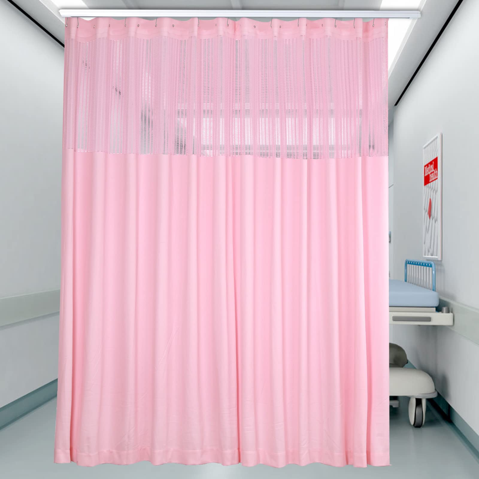 Room Divider Curtain, Privacy Cubicle Curtain with Mesh Top, 1 Panel, 9ft Wide x 8ft Tall Grommet Curtain, Freestanding Hanging Room Divider Curtain Rod for Studio Rental Hospital (Pink)