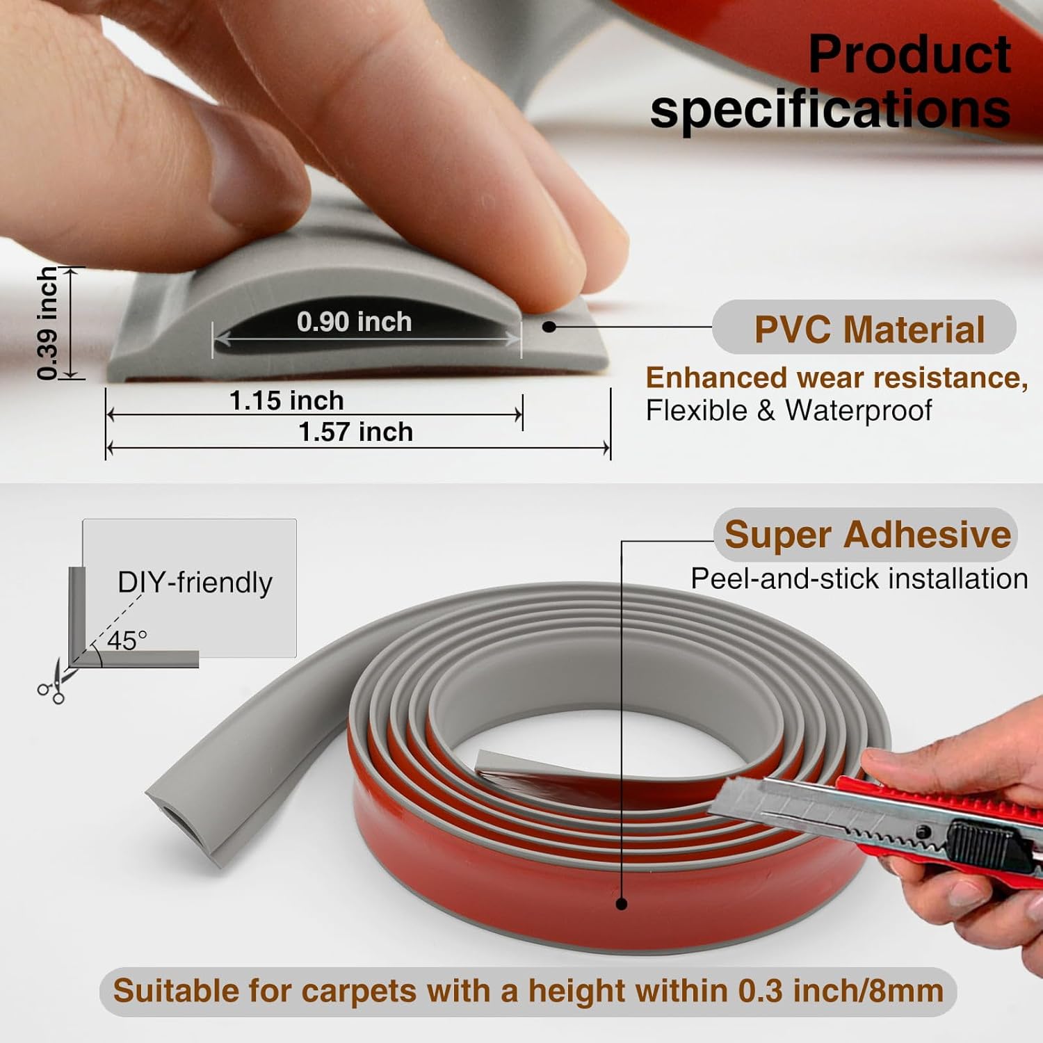 Flexible Carpet Edge Trim – Self-Adhesive Waterproof Cuttable Safety Edging for Thick Rugs &Mats, Peel & Stick Floor Transition Strip, For High-Traffic Areas (Fits Thin Carpets Up to 8mm, Grey-3.3Ft)