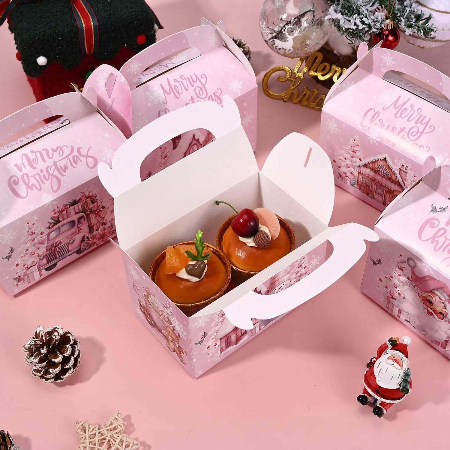 Bolsome 16Pcs Pink Christmas Treat Boxes - Santa, Snowman, Gingerbread Man, Xmas Tree, Truck Goodie Candy Boxes - Merry Christmas Party Favor Boxes for Winter Holidays Supplies - Image 8