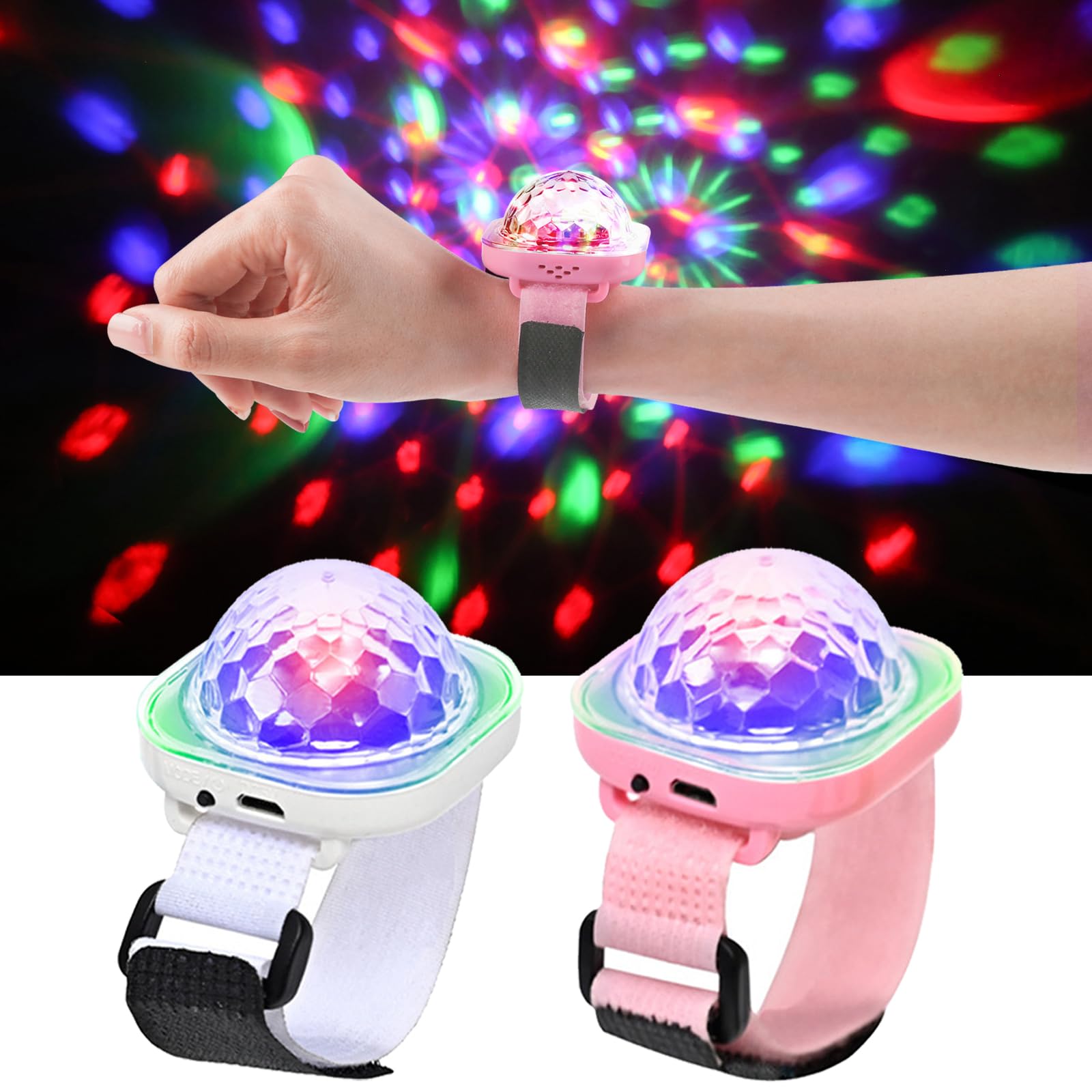 Montre de poignet LED boule disco, lumière de fête multicolore activée par le son, silicone, style moderne (blanc + rose)