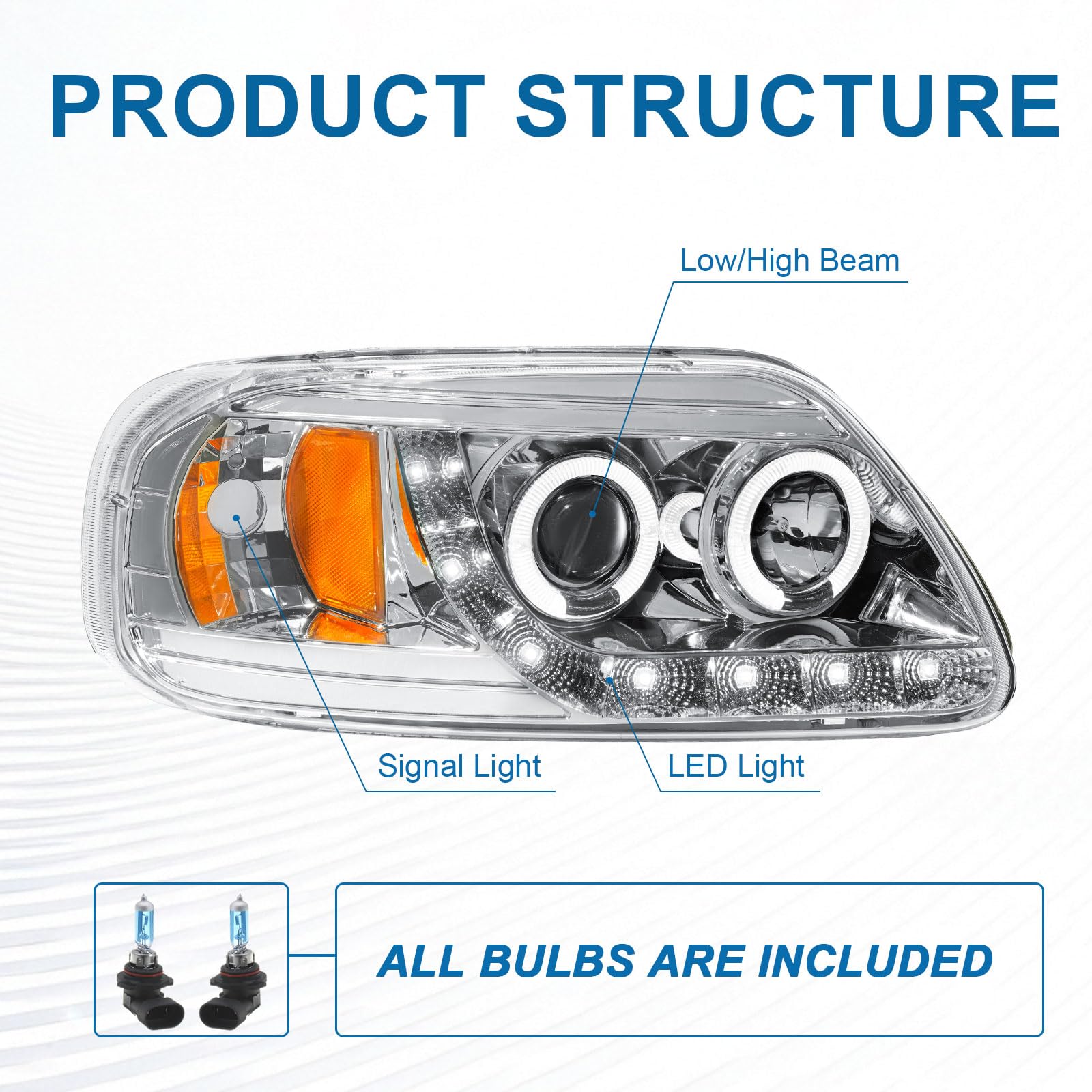 LED Headlights Compatible with 1997-2004 Ford F150 / 1997-1999 F250 / 1997-2002 Expedition Replacements Headlamp Amber Reflector Chrome Housing