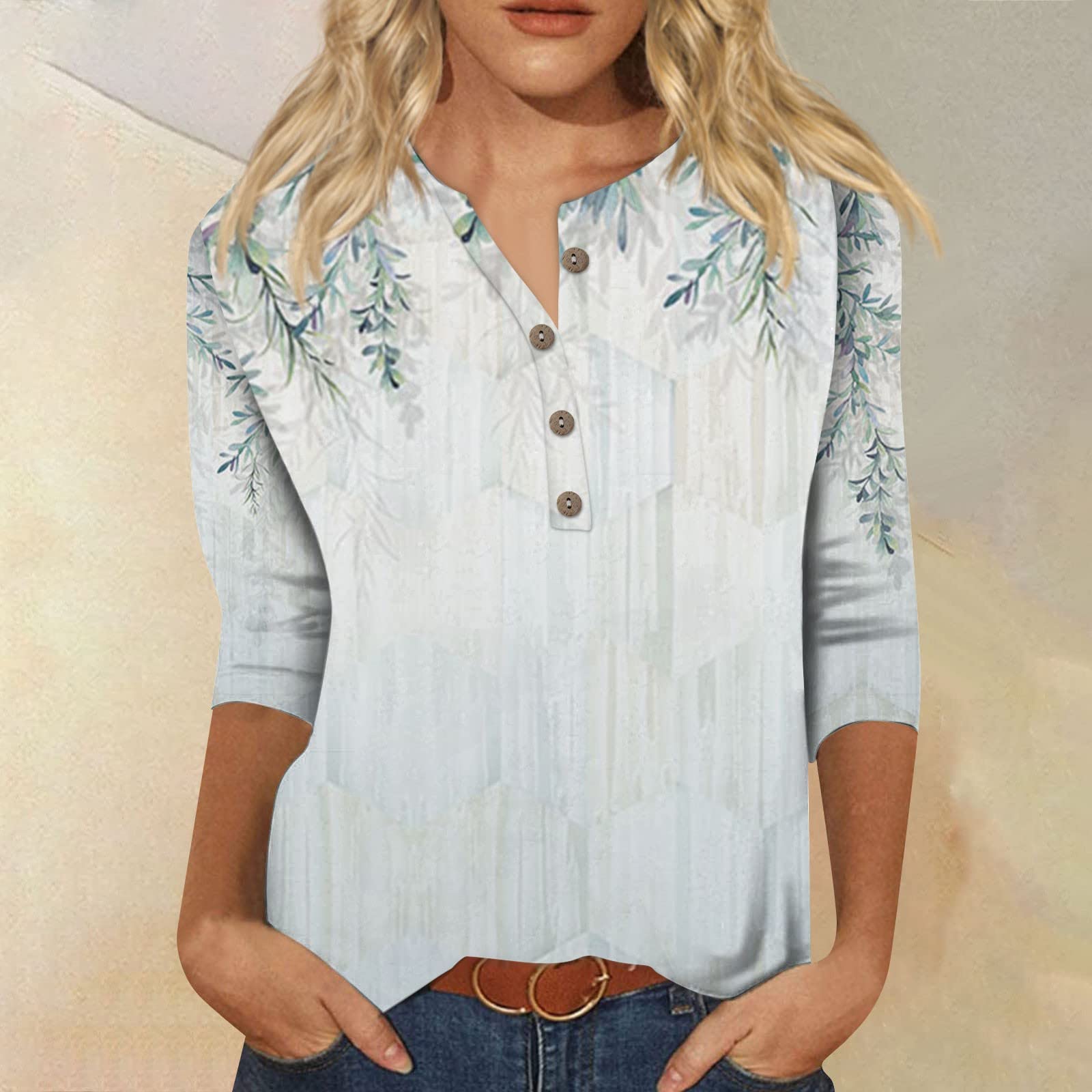 Herbst Sweatshirt für Frauen 2024 3/4 Ärmel Top lässig Floral gedruckt V Hals Shirt Mode Größe Pullover Bluse