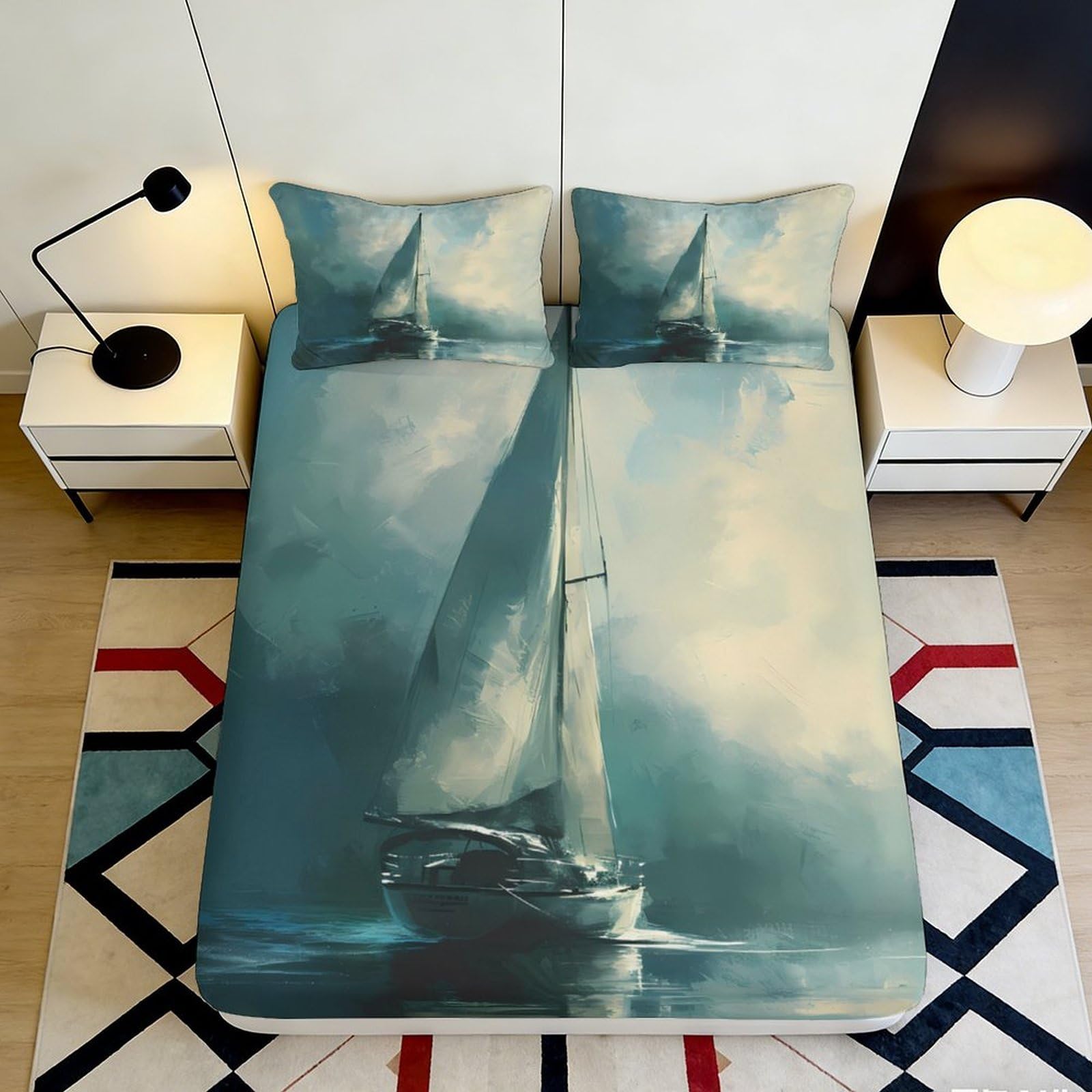 3D Printed Sailing Boat Fitted Sheet Microfiber Soft Breathable Ocean Scene Bed Cover for Bedroom Dormitory Guest Room Mattress Protection Decor 200x200x25cm
