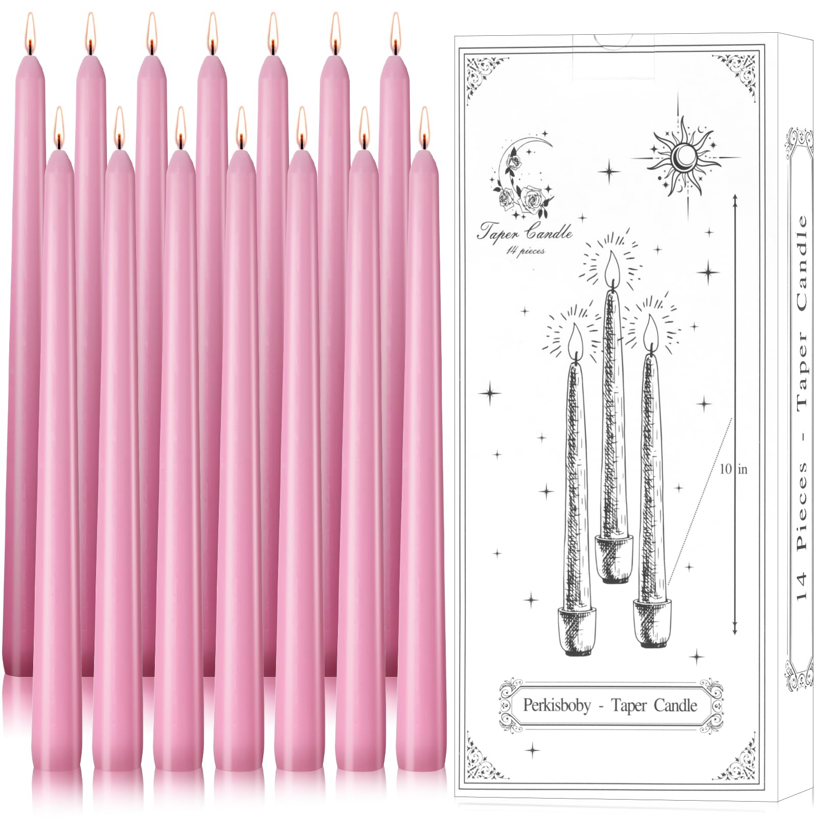 Perkisboby 10 inch Pink Taper Candles, Unscented Dinner Candle Dripless Spell Chime Candles, 8 Hour Burn Time for Birthday Wedding Party, baby showers, Christmas Valentine's Day or Home Decor- 14 Pack