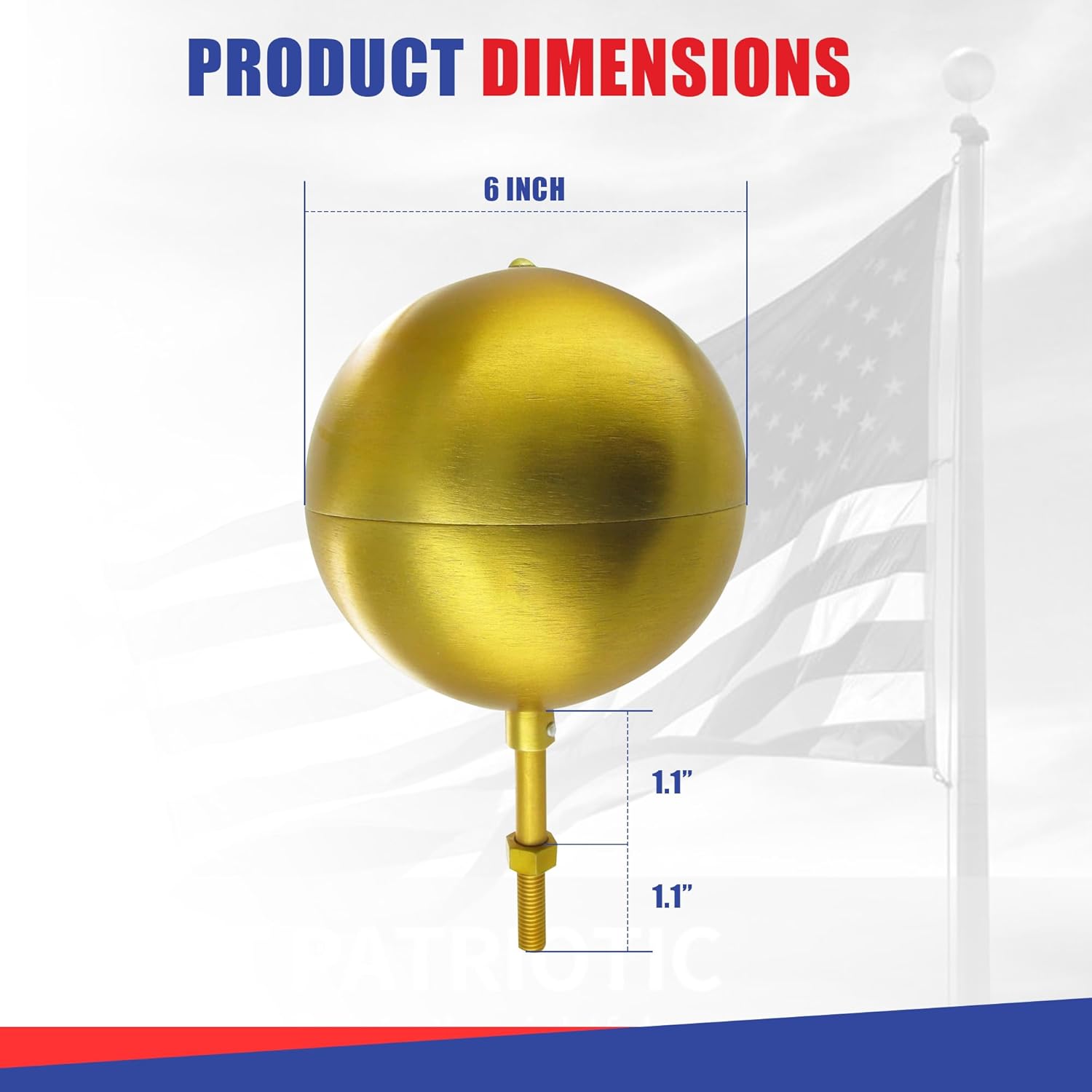 Gold Anodized Aluminum Ball Topper - 6in | USA-Made Rust-Resistant Gold Finish Anodized Aluminum Ball for Flagpole | 1/2" Spindle Threading & 6" Diameter