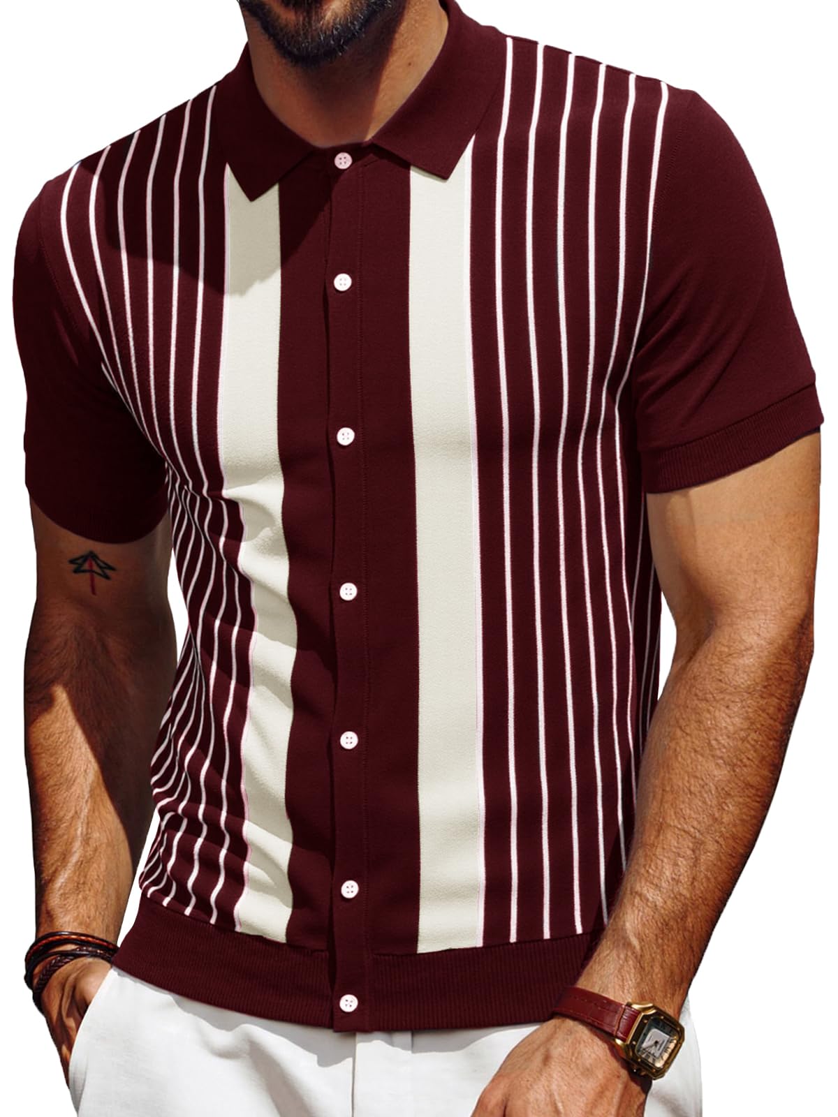 Les umes Polo Uomo A Righe Retro Cardigan Con Maniche Corte Cotone Estate Golf Casual