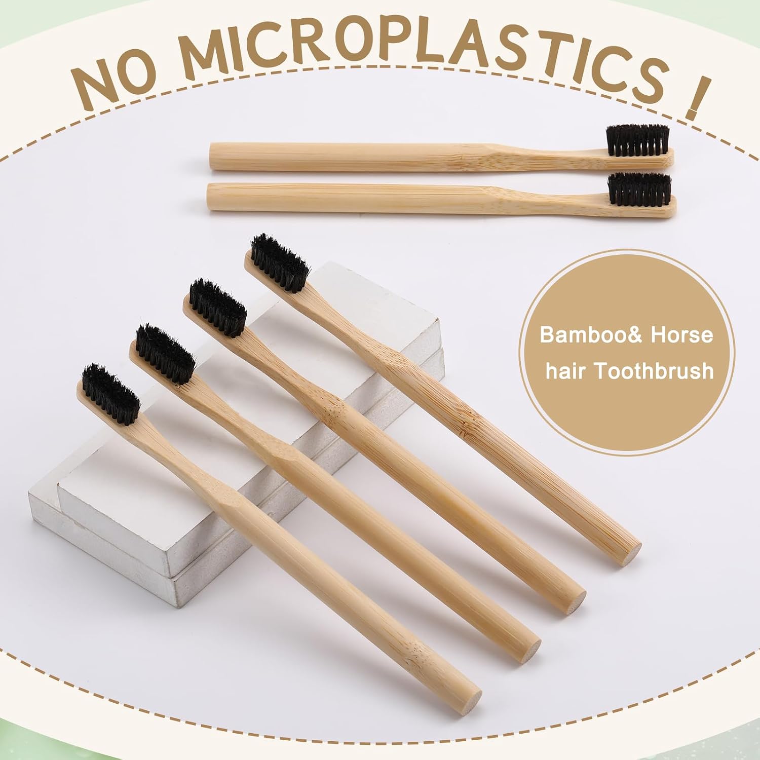 6 Pcs Horse Bristle Bamboo Toothbrush Natural Bristle Bamboo Toothbrush (No Nylon, Horse Hair Only) Totally Compostable Biodegradable Zero Waste Plastic Free(Cylindrical)