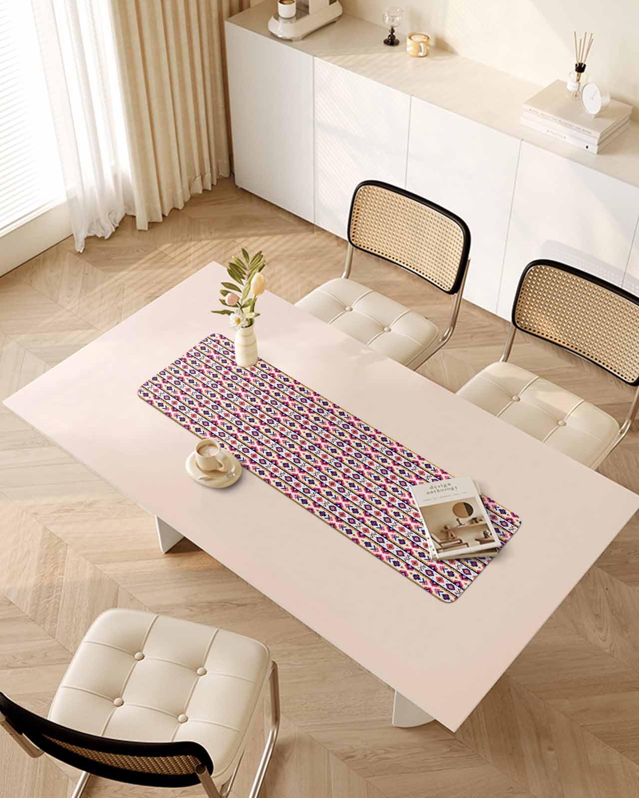 Debedcor Heat Proof Table Pads Waterproof Decorative, Boho Floral Non-Slip Table Countertop Protector, Modern Abstract Ethnic Geometric Insulation Mat for Kitchen Room, 40 x 12 Inches