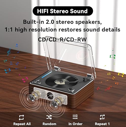 Miniatura 3 de Reproductor de CD portátil, reproductor retro de CD Bluetooth con altavoces de alta fidelidad duales, reproductor de CD recargable de 2600 mAh para