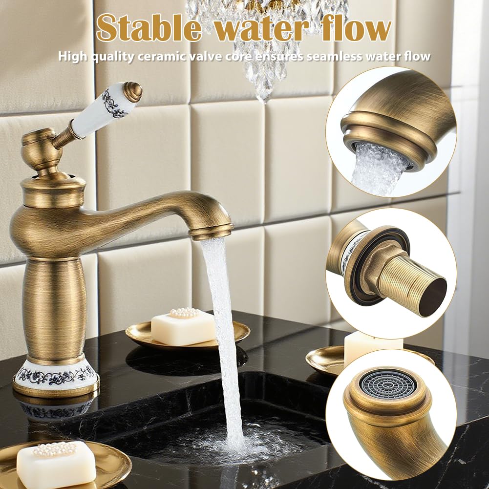 Robinet Salle de Bain Rétro, Robinet Salle Bain Laiton, Monocommande Mitigeur Lavabo, Rétro Mitigeur Cou Vintage Floral, Chaude et Froide Réglable, Pour WC, Cuisine (Doré)