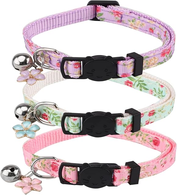 3PCS Cat Collars Quick Release Adjustable Kitten Collars Pack Flower Cat Collar Breakaway Puppy Collars Whelping Small Pet Collars with Bells and Safety Quick Release Buckle for Kittens Puppies