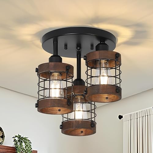 Lámpara de techo semiempotrada de madera negra, 3 luces modernas cerca del techo,