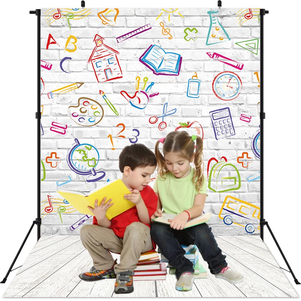 Telón de fondo para el regreso a clases, pared de ladrillo blanco, lápices pintados a mano, fondo para fotografía, cumpleaños, aula, escuela, decoración de fondo (150 x 210 cm)