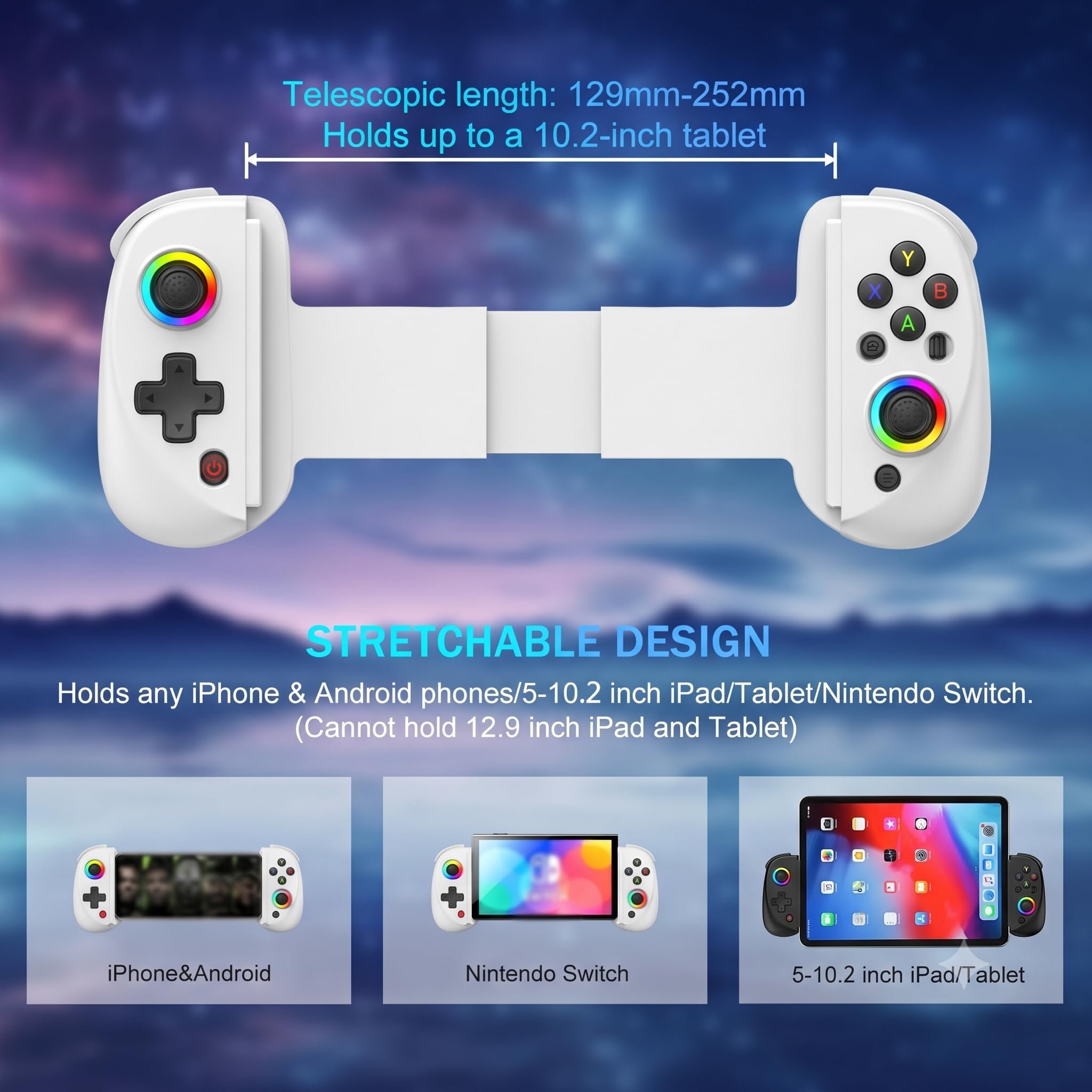 Manette de jeu pour iPad/Tablette, manette de jeu sans fil pour iPhone, manette télescopique Bluetooth RGB pour Android/iOS/PC/Smart Phones pour 13-25cm Parfait pour COD/Genshin, Direct Play (blanc)