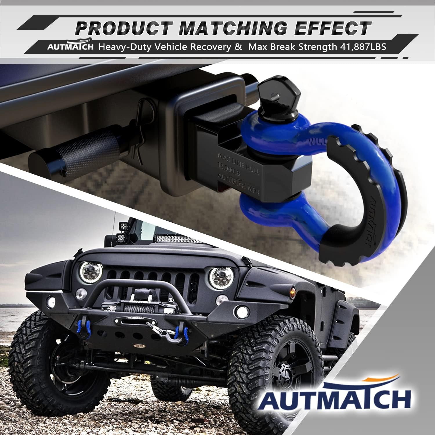 AUTMATCH 3/4" D-Ring Shackles (2 Pack) 41,887Ibs Break Strength with 7/8" Screw Pin and Shackle Isolator Washers Kit for Tow Strap Truck Off Road Vehicle Recovery, Blue & Black
