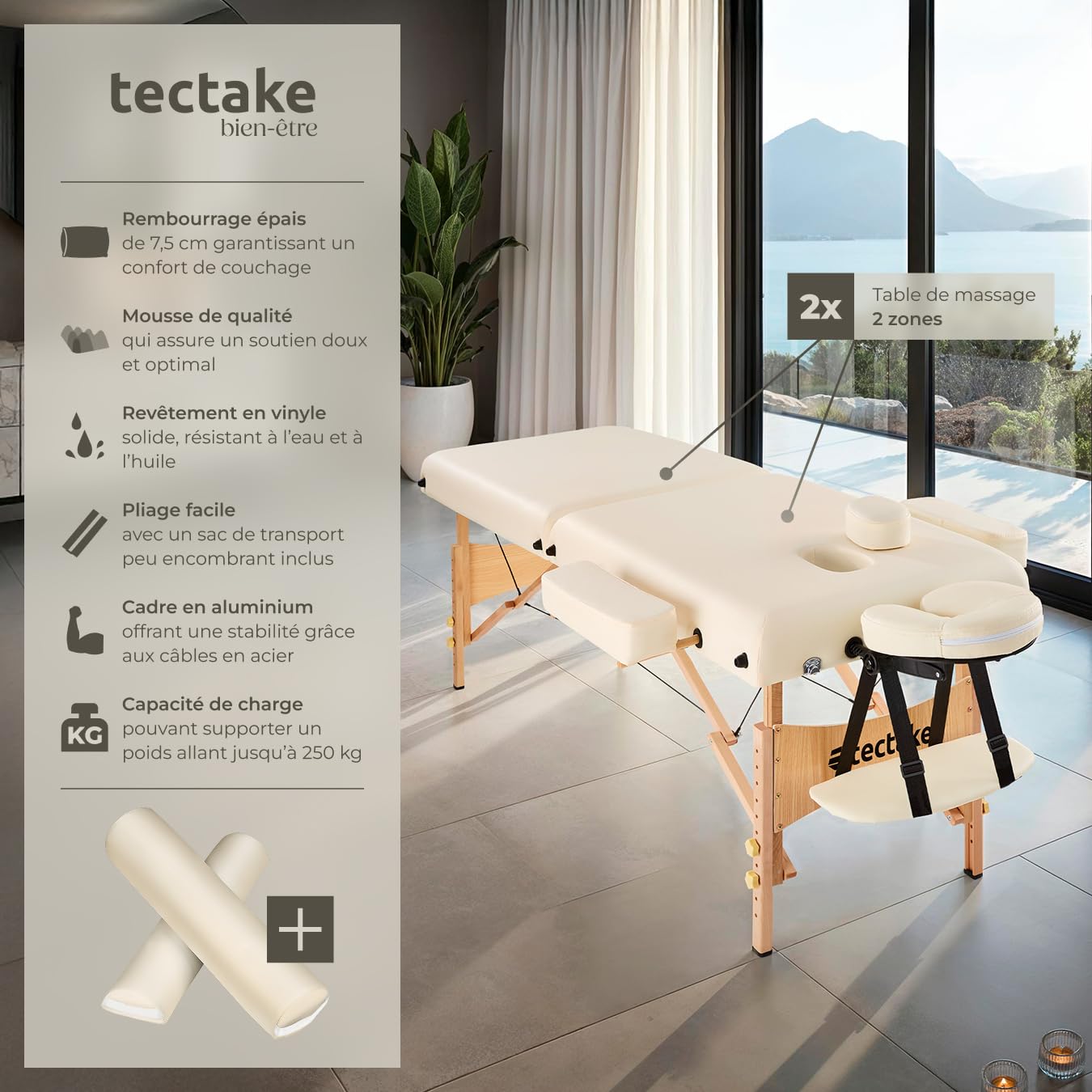 tectake® Table de Massage Pliante Professionnelle 2 Zones Ergonomique Massage et Relaxation Bois Table Esthetique Professionnel Lit de Massage Portable, Rouleaux & Housse de Transport - Beige
