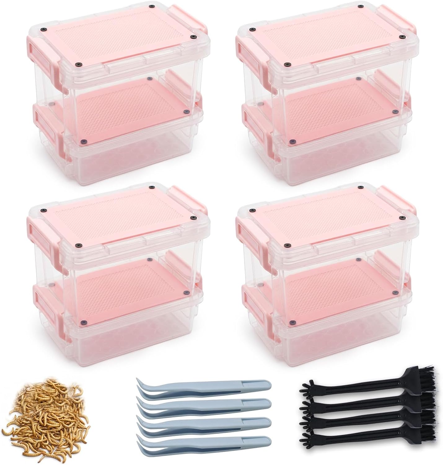 Small Mealworm Breeder Kit - Clear Mealworm Farm Container & Live Mealworm Rearing Box, Feeder for Reptiles, Bearded Dragons, Leopard Geckos, Turtles, Frogs, Birds and Chickens (4.9"x3.3"x4.1") (Pink)