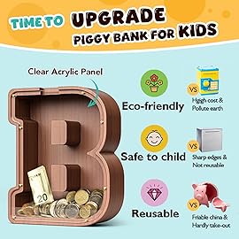 Summidate Wooden Letter Piggy Bank, Extra Thick Large Capacity Piggy Bank for Kids Boys Girls Toddler, Alphabet B Money Bank| Coin Box Birthday, Christmas, Festival