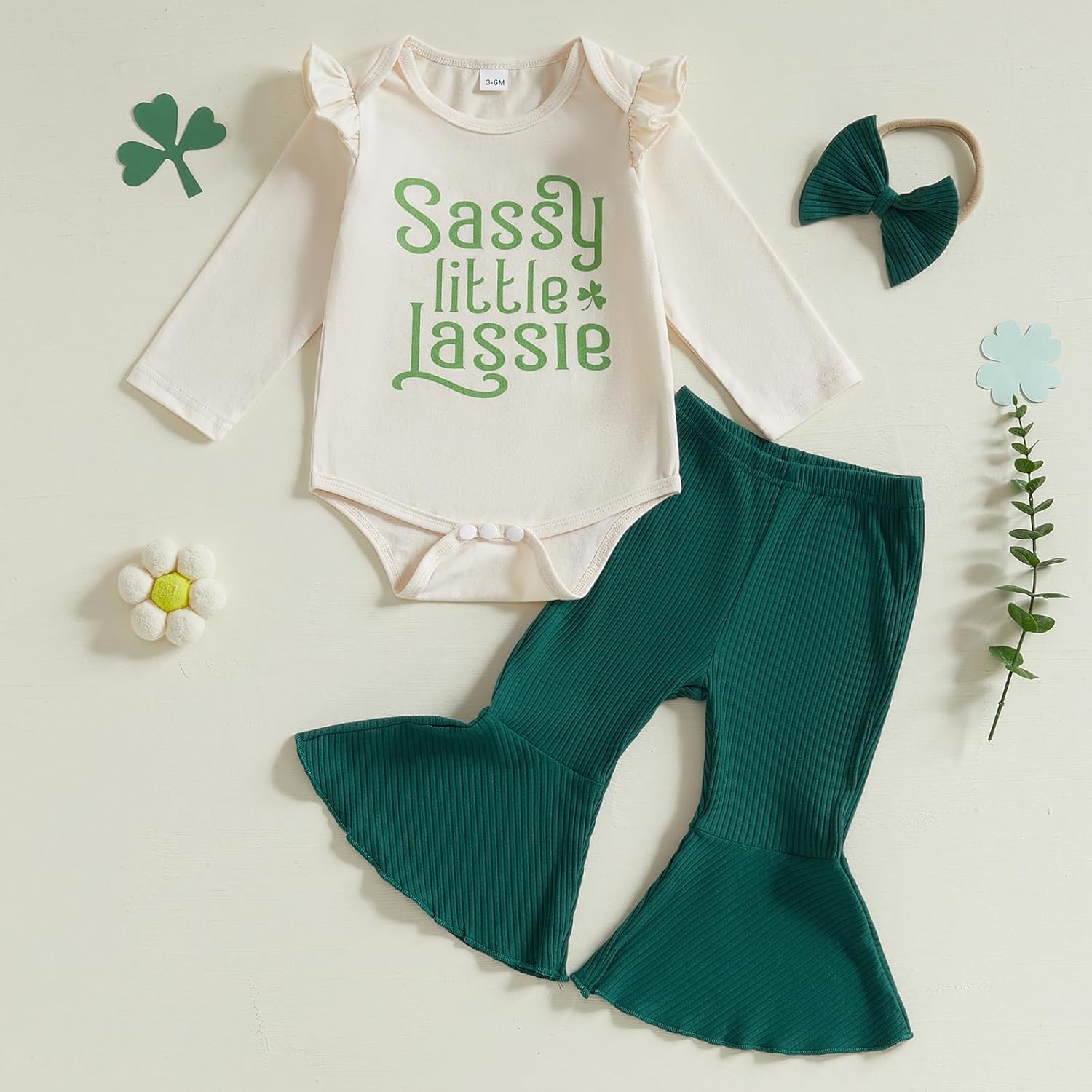 Karuedoo Newborn Baby Girl St Patricks Day Outfit Letter Print Long Sleeve Romper Ribbed Knit Flared Pants Headband 3Pcs Set - Image 2