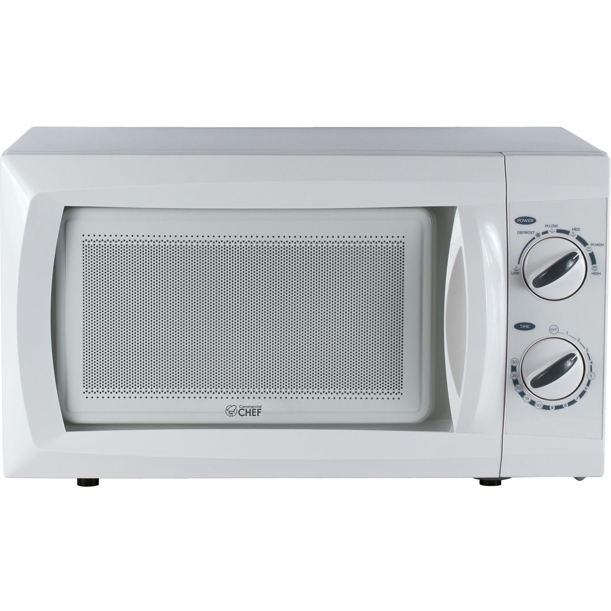 COMMERCIAL CHEF 0.6 Cubic Foot Microwave with 6 Power Levels, Small Microwave with Push Button Door, 700W Countertop with 30 Minute Timer and Mechanical Dial Controls, White