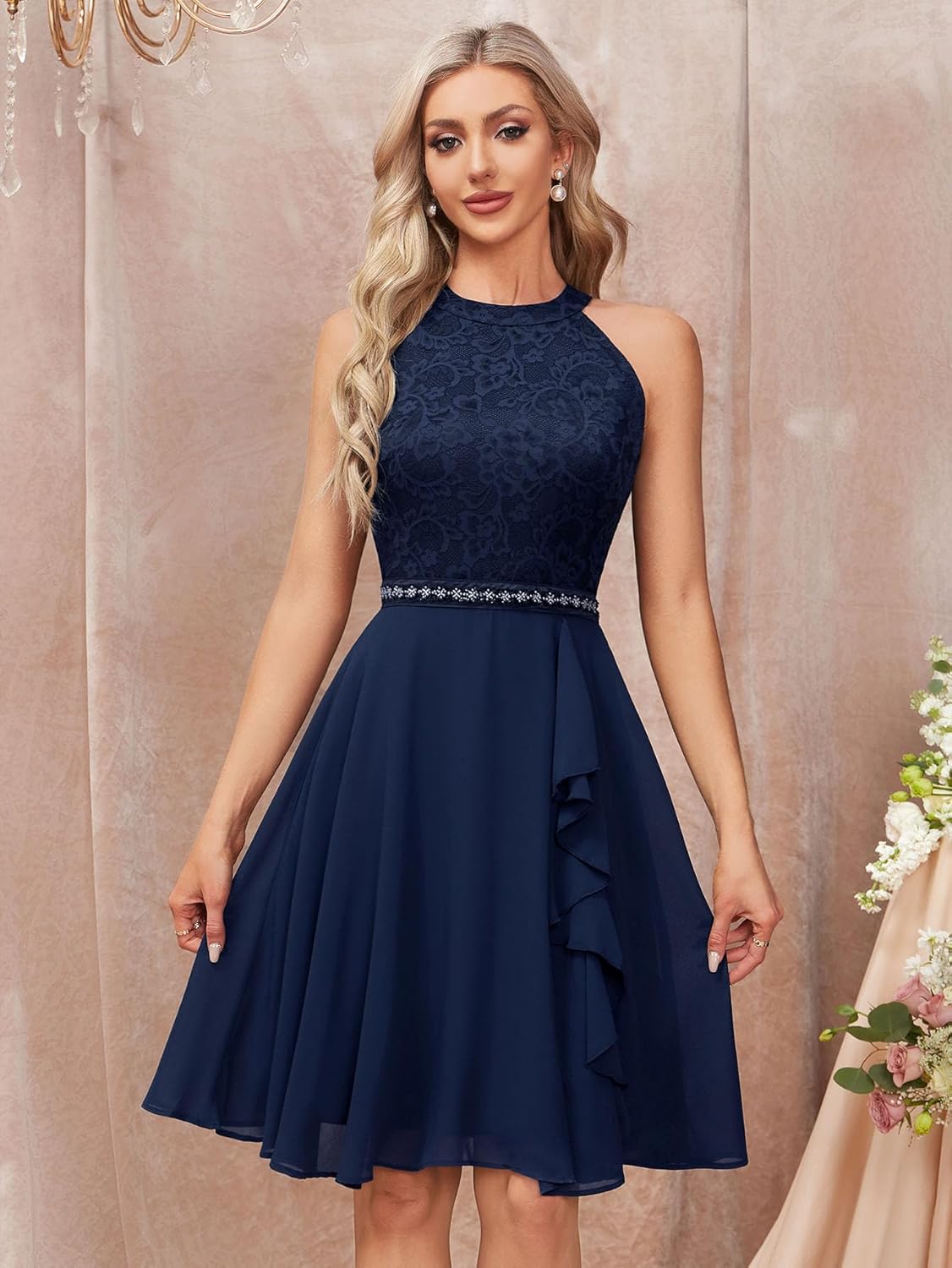 Miusol Women's Halter Neck Lace Ruffle Vintage Cocktail Party A-Line Bridesmaid Dress - Image 3