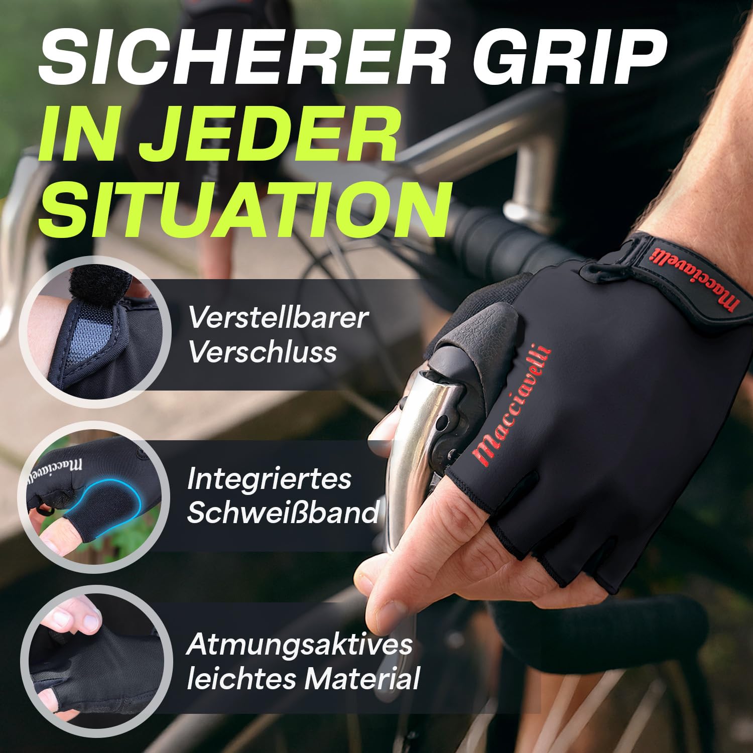 MACCIAVELLI - Guantes de ciclismo para hombre | acolchados, transpirables, seguros | Guantes de ciclismo MTB para hombre y mujer | Guantes de ciclismo sin dedos con inserciones de gel - Ideal para MTB