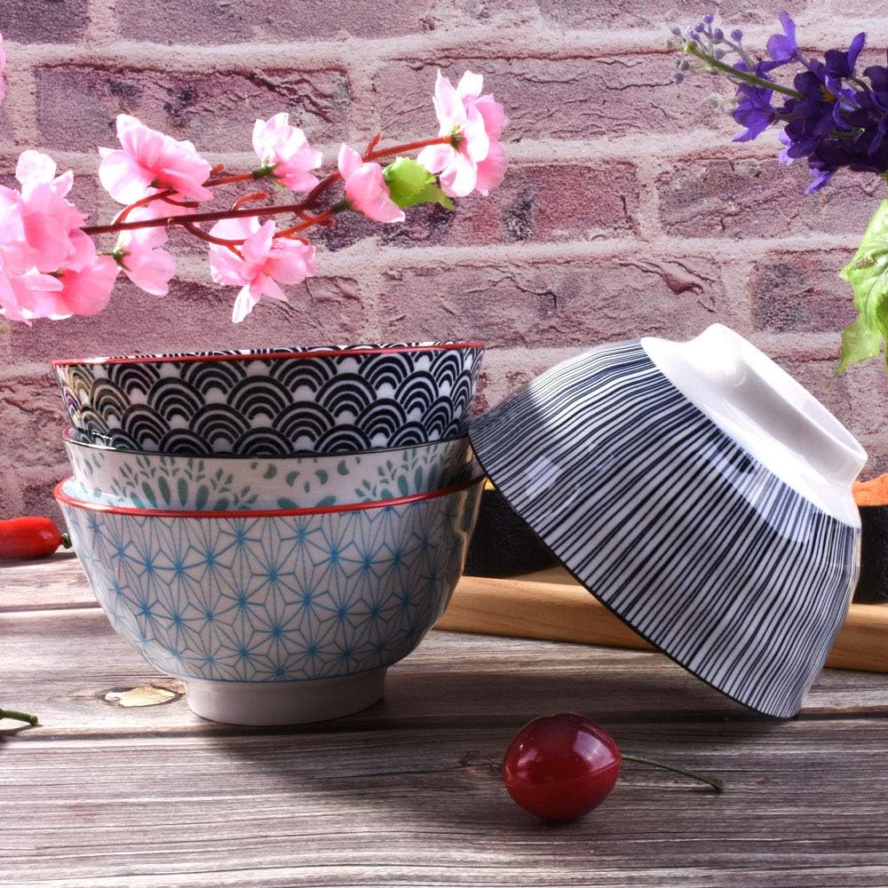 Ceramic Rice Bowl Set of 4, 4.5'' Assorted Pattern Small Cereal Bowls