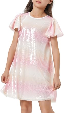Girls Sequin Dress Shiny Short Flutter Sleeve Midi Sparkly Party Dress with Hairbow