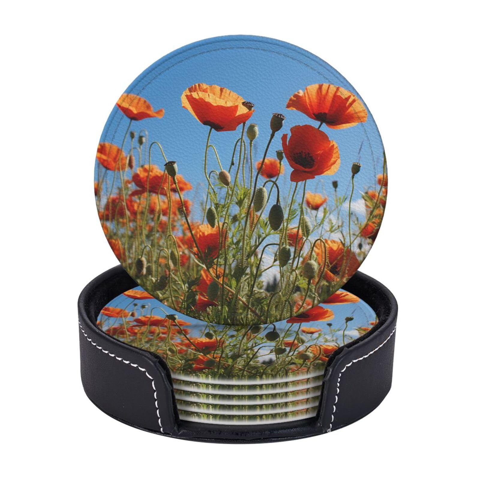 6Pcs PU Leather Coaster for Drinks, Poppies on Blue Sky Cup Coasters with Holder, Aesthetic Drink Coasters for Coffee Table, Round Coaster for Tabletop Protection 4" Cup Mat Pad