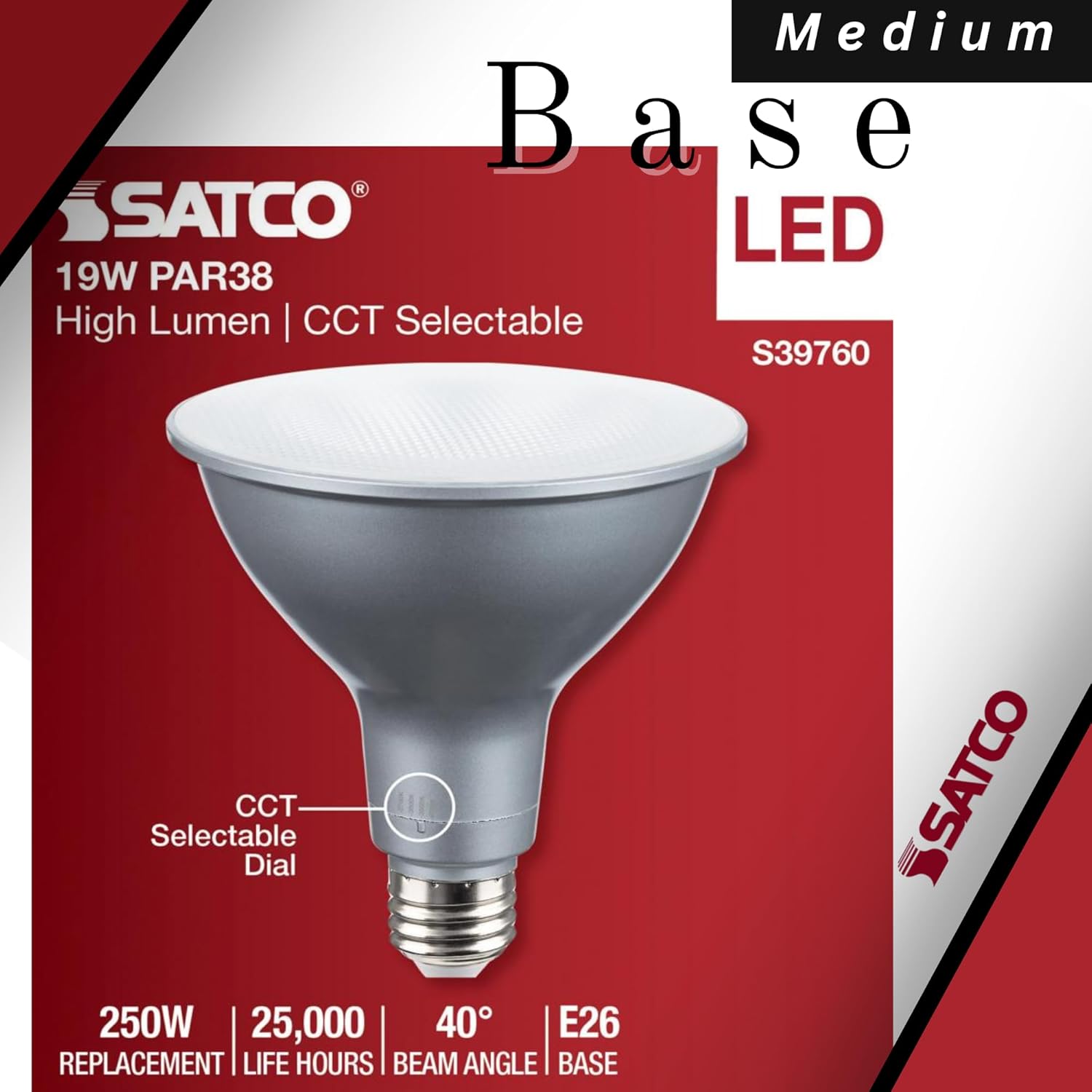 Satco S39760 19 Watt PAR38 High Lumen LED Light Bulb; 2700K/3000K/3500K/4000K/5000K CCT Selectable; Medium Base; 120-277 Volt, Wet Location, Non-Dimmable (2 Pack)