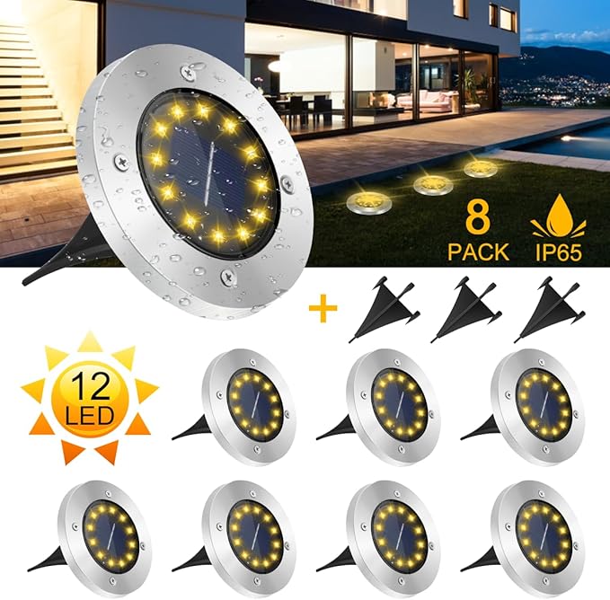 GREPRO GREPRO Vloerverlichting op zonne-energie, 8 stuks, 12 leds, zonnelampen voor buiten, tuinverlichting op zonne-energie, IP65 waterdicht, warm wit, voor gazon, oprit, looppad, patio, tuin zonnelamp photo 2