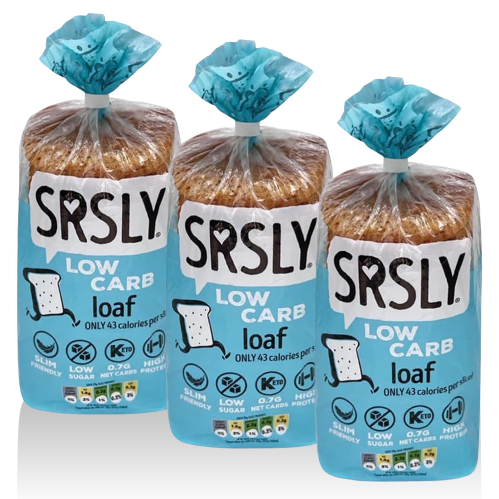 SRSLY Low Carb Keto Bread - Only 0.7g Carbs & 43 Kcals Per Slice - Freshly Baked Light & Fluffy – Sugarwise Certified Low Sugar Bread - High Protein High Fibre - 1 Sliced Loaf - Pack of 3
