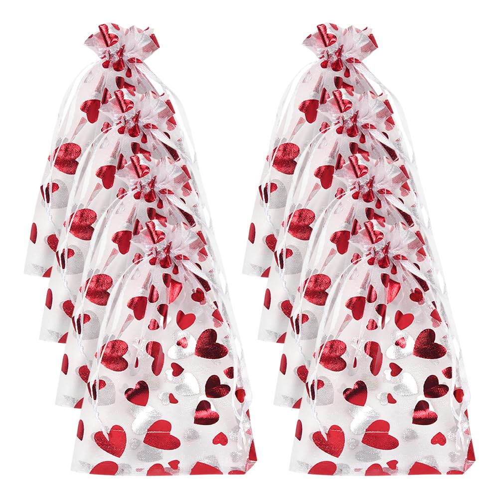 HugeDE 50 Pcs Heart Printed Gift Bags Organza Candy Bags Clear Jewelry Bags Drawstring Sheer Bags Wedding Favor Bags Party Favor Mesh Pouches Jewelry Packaging Pouches for Valentine's Day 10x15cm