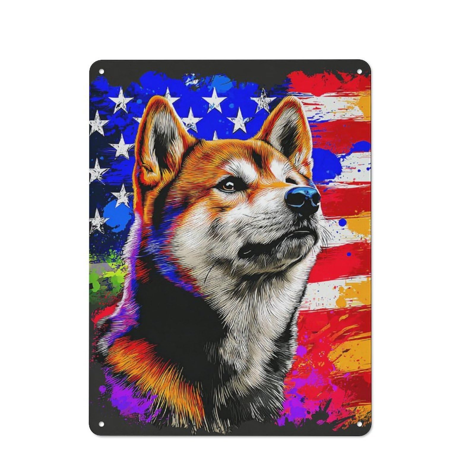 Junmoney American Flag Shiba Inu Art Print Vintage Tin Sign 40X30cm With For Studio Or Craft Room, A Winter Wall Decor Update For Creative-Space Collectors
