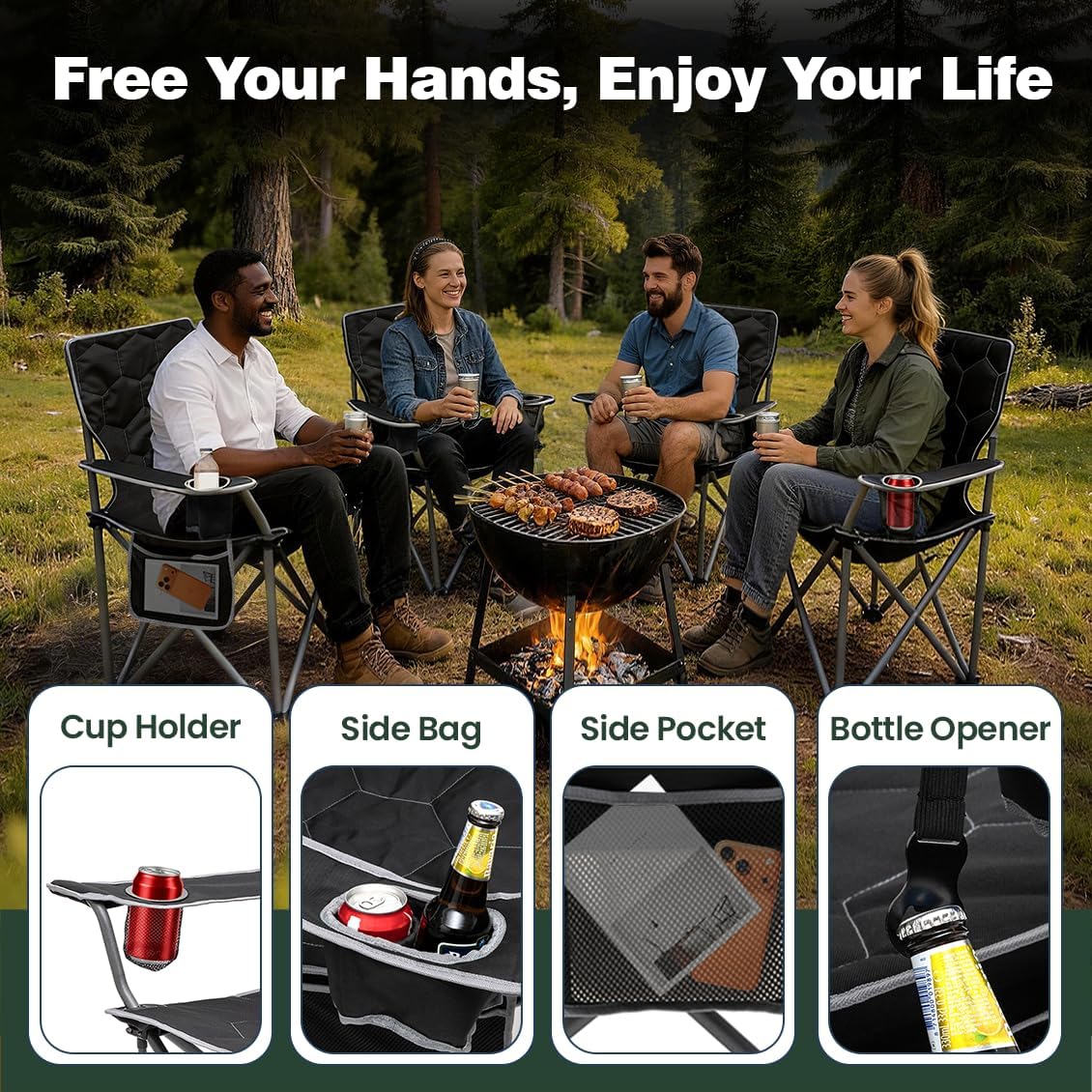 Image showing a group of people around a campfire with close-ups of the chair's cup holder, side bag, side pocket, and built-in bottle opener.