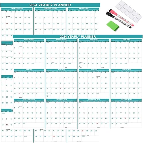 Miniatura 1 de Calendario de pared 2024 de 32 x 48 pulgadas, planificador anual laminado grande de borrado en seco y húmedo para pared, diseño horizontalvertical