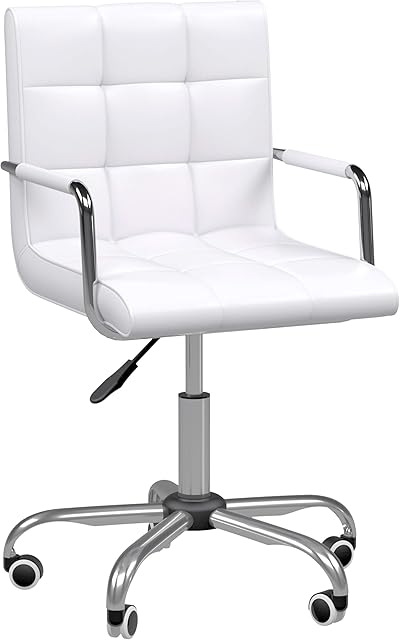 HOMCOM Mid Back PU Leather Home Office Desk Chair Swivel Computer Salon Stool with Arm, Wheels, Height Adjustable, White