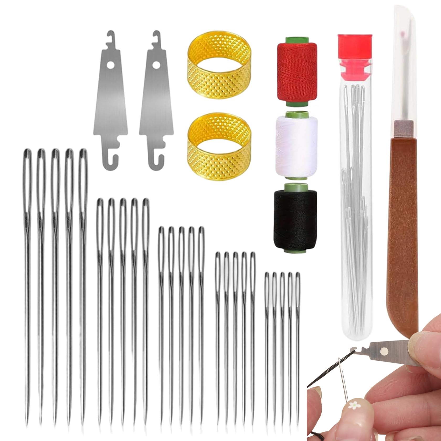 34-Piece Stainless Steel Hand Sewing Needles Kit, Big Eye Needles with Threader Thimble Spools