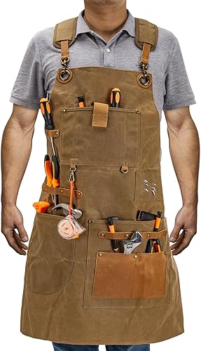 Miniatura 2 de peacechaos Delantal de trabajo con bolsillos para herramientas, delantal resistente para carpinteros, mecánicos, herreros, carpinteros para regalo