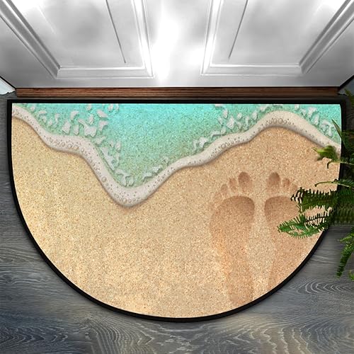PuseTaer Tapete semicircular con huellas de playa, antideslizante, para entrada de bienvenida al aire libre, absorbente, lavable, para interiores y