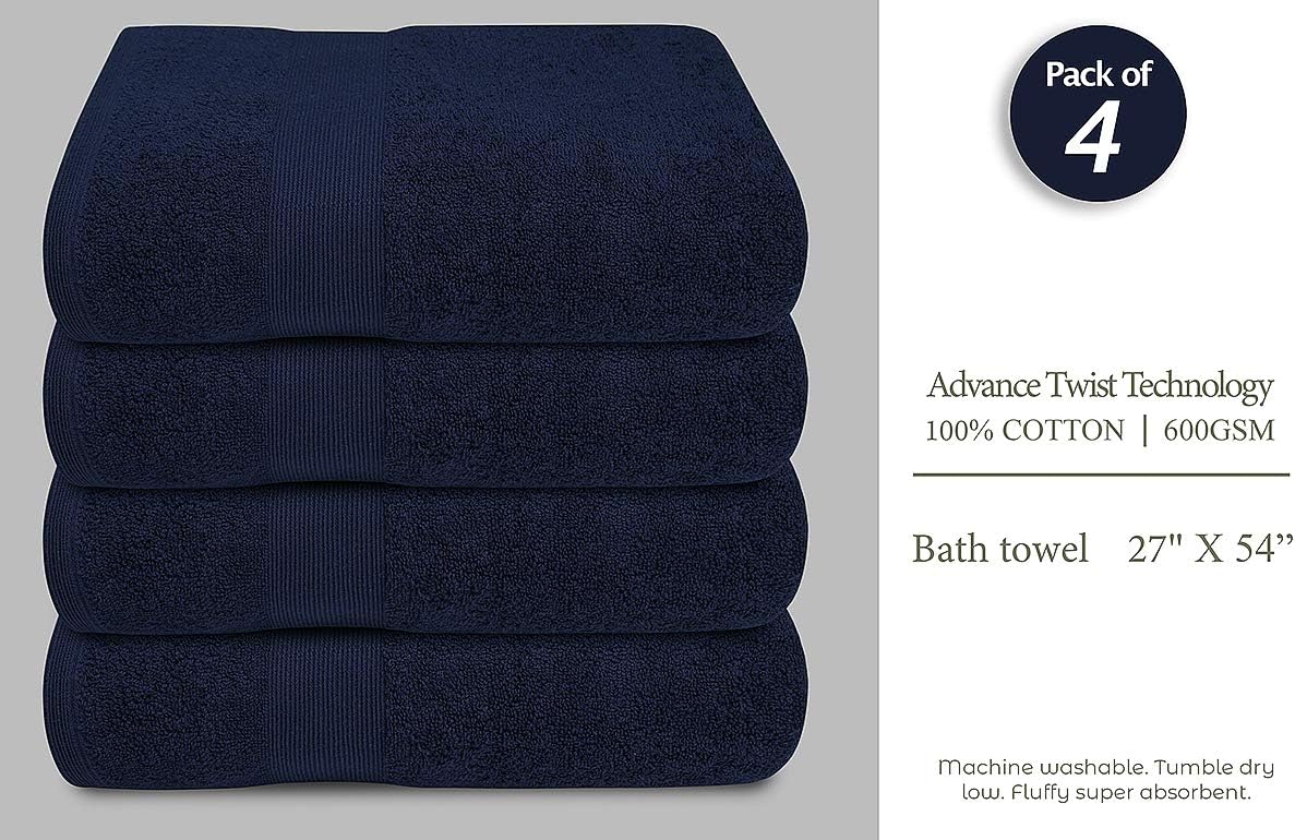 Softolle 100% Cotton Luxury Bath Towels - 600 GSM Towels for Bathroom - Set of 4 Bath Towel - Eco-Friendly, Super Soft, Highly Absorbent Bath Towel - Oeko-Tex Certified - 27 x 54 inches (Navy Blue): Kitchen & Dining