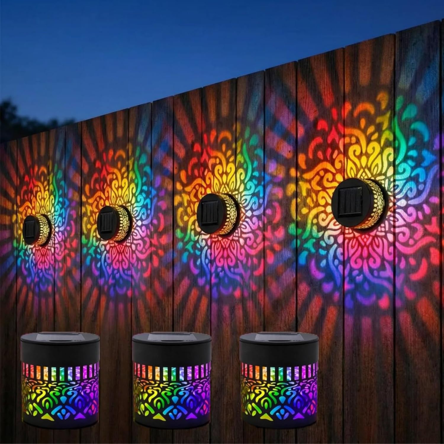 Lampada da parete decorativa a energia solare con mandala, cambia colore, lampada di proiezione decorativa per esterni, impermeabile, per esterni, per cortile, giardino, patio, cortile (4pcs)