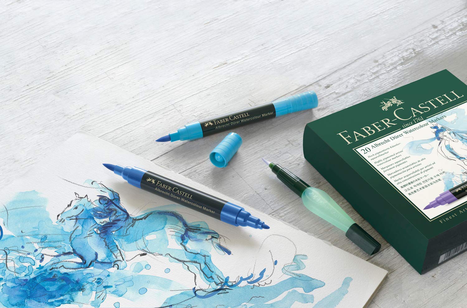 FABER-CASTELL 160318 Aquarellmarker Albrecht Dürer mit Doppelspitze für flächigen und präzisen Farbauftrag, inklusive Wassertankpinsel, 16er Etui, bunt | Hoch pigmentierte Künstlerstifte mit Pinsel- und Faserspitze für flächigen und präzisen Farbauftrag