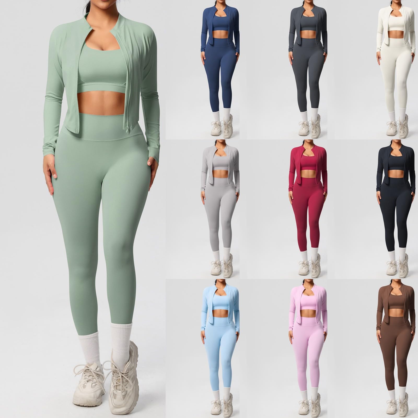 Generico Set di Abbigliamento Sportivo Donna Completo Palestra 3 Pezzi Reggiseno Sportiva e Leggins Anticellulite Push Up e Fitness Giacca con Zip Tuta Yoga Completa Gym Jogging
