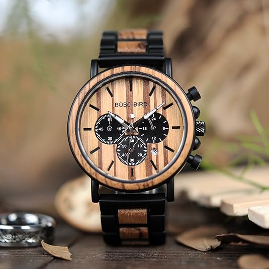 BOBO BIRD Mens Personalized Engraved Wooden & Stainless Steel Combined Quartz Casual Wristwatch